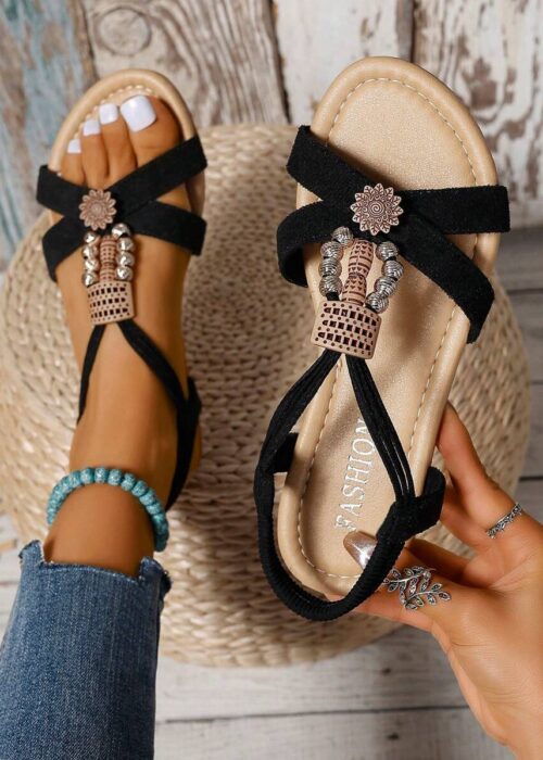 Women's Vacation Flat Beaded Strap Sandals, Fashion, Summer/Vintage, Bohemian Style, Green