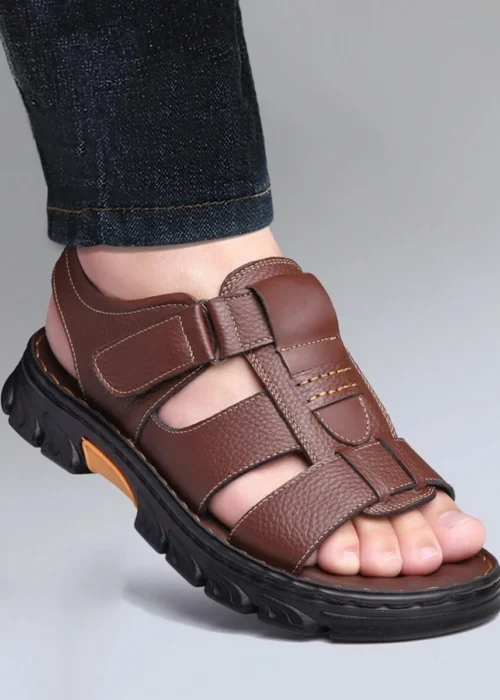 Men's Genuine Leather Sandals With Adjustable Hook And Loop Straps, Anti-Slip Sole, Summer Outdoor Casual Beach Shoes
