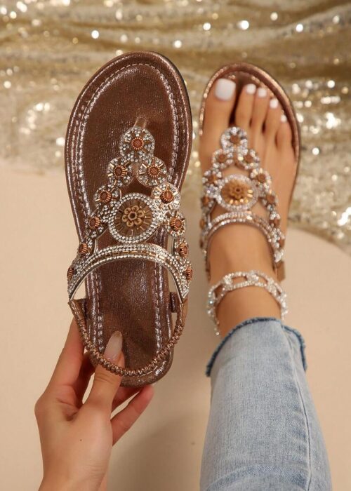 Women Sandals, Bohemian National Style Flat Sandals With Rhinestone Decoration, Open Toe T-Strap Thong Beach Shoes, Summer,Flip Flops