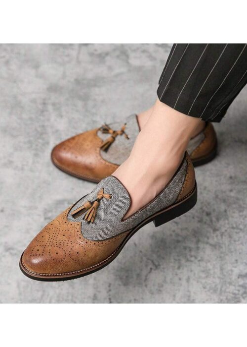 Men's Pointed Toe Carved Flower Slip-On Tassel Loafers Mixed Leather Casual & Formal Shoes