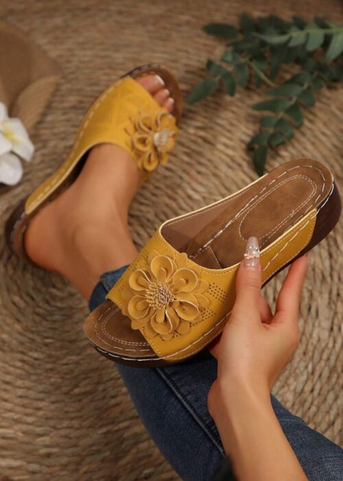 Women's Thick Bottom Wedge Sandals, Platform Slide Slippers, Waterproof Non-Slip, Summer Open Toe Floral Decor Casual Shoes