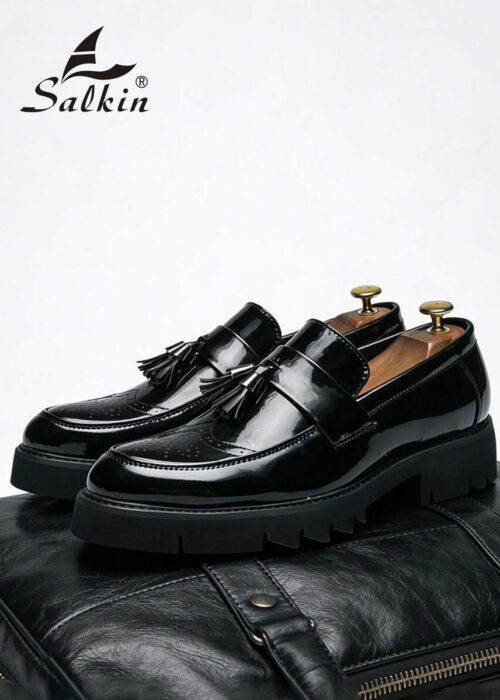 Salkin Designer Men's Slip-On Loafers, British Style, Soft & Comfortable, Round Toe, Elegant Formal Leather Shoes, Glossy Patent Leather, Non-Slip Thick Sole, Suitable For Casual, Dating, Party, Wedding, Ideal Gift, Spring/Summer/Autumn, Size Runs Small, Please Order One Size Up